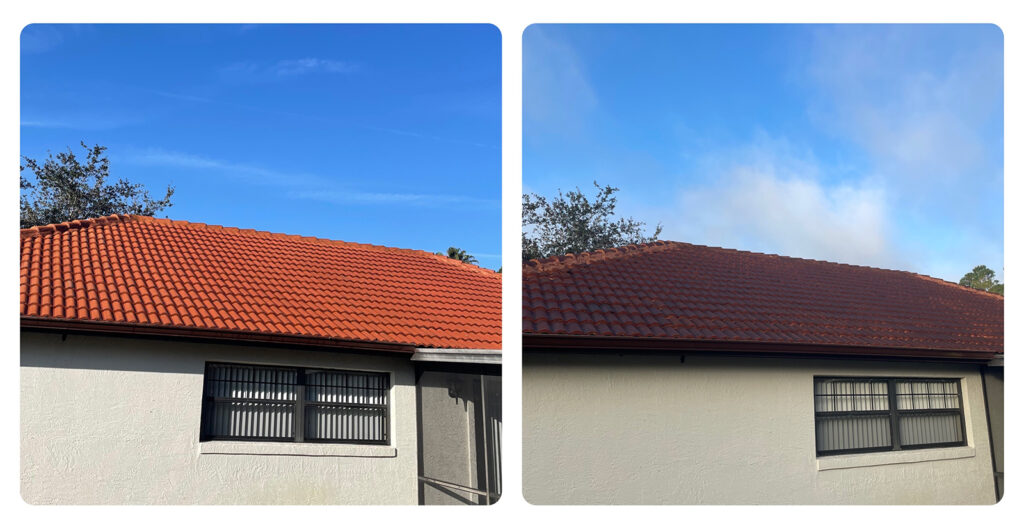 A side-by-side comparison of a building's roof, showcasing differences in color and clarity under a clear blue sky.
