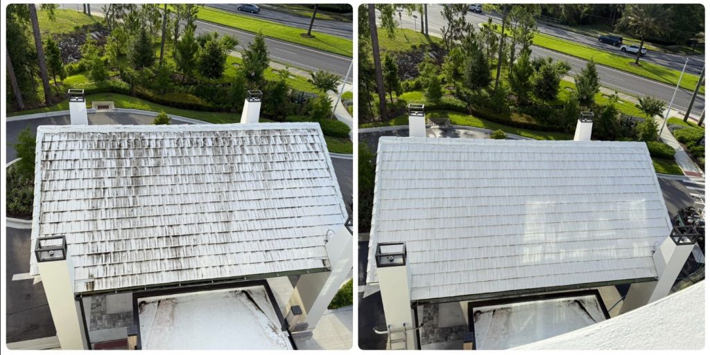A comparison of a roof before and after cleaning, highlighting significant transformation from dirty to pristine.