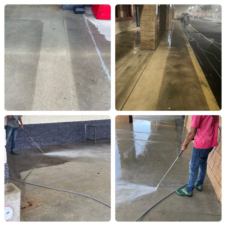 A sequence of four images showing a concrete surface being cleaned with a pressure washer, highlighting before and after results.