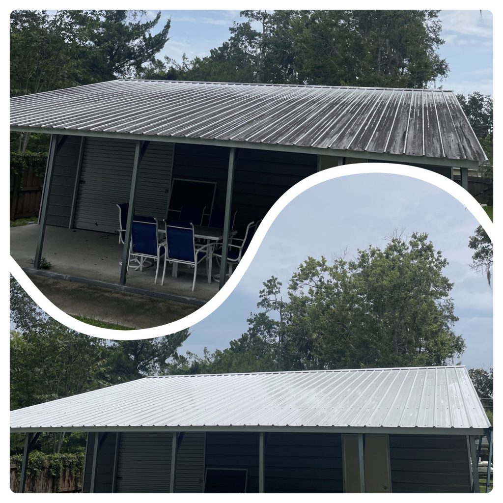 A side-by-side comparison of a shed with a weathered roof and a newly painted white roof, surrounded by green trees.