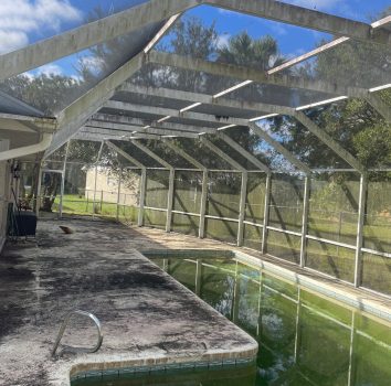 An enclosed pool area showing green, unclean water and a weathered pool deck under a blue sky.